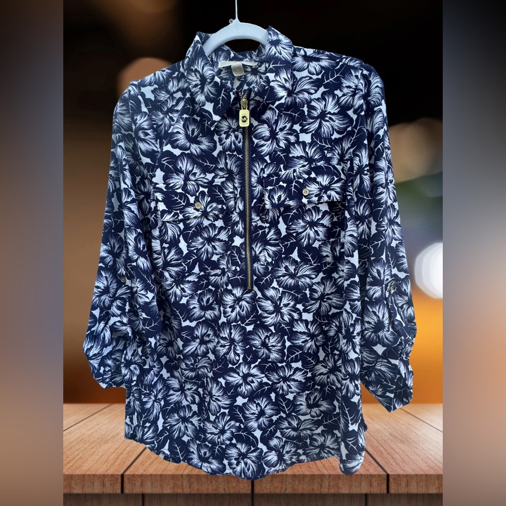 Michael Kors Navy and White Floral Zip Top